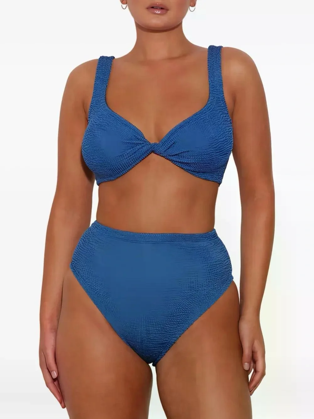 New Hunza G Jamie Textured High-Waisted Bikini in Blue Metallic Denim $456 MSRP
